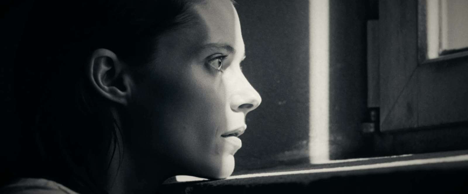 After: the final black and white grade of the same frame, widescreen